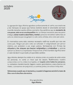 #lima Agua Marina anuncia su retiro temporal de los escenarios y comparte potent…