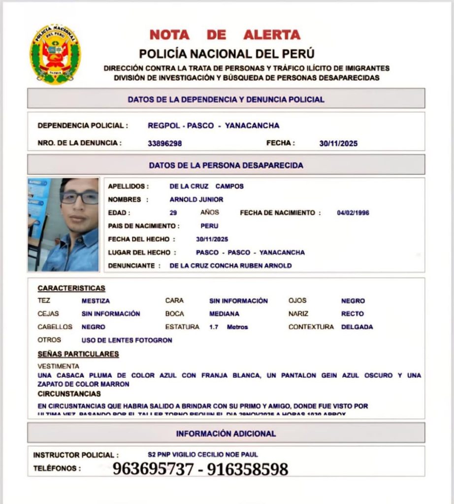 ¡Atención Pasco! Persona desaparecida
La Policía Nacional ha emitido una alerta…