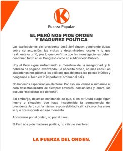 FP Pide orden y madurez politica tras declaraciones del Presidente Jose Jerí.
…